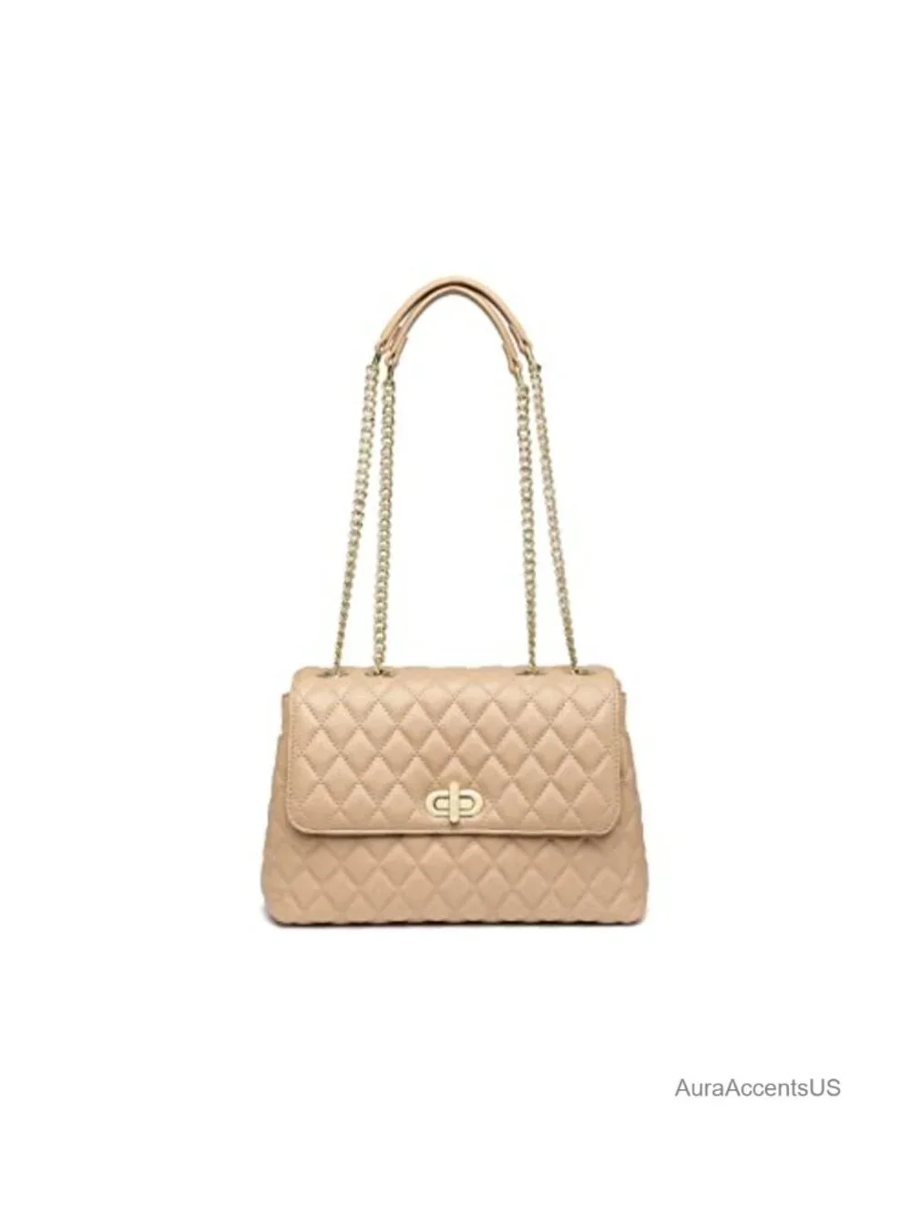 Quilted Vegan Leather Crossbody Bag with Flap Gold Hardware Chain